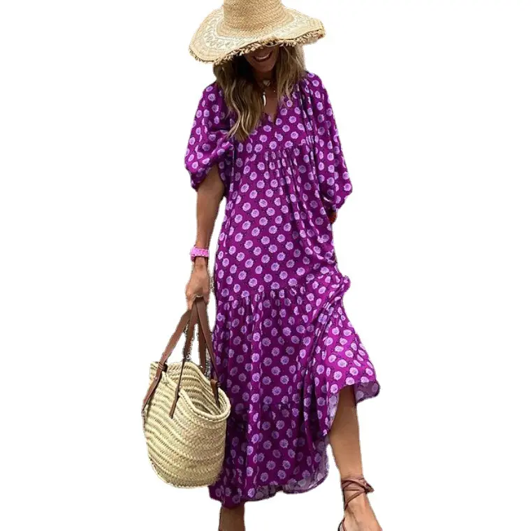 Hot Selling Geometric Pattern Printing Bubble Sleeve V Neck Plus Size Women Chiffon Dress