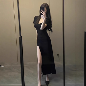 Elegant French Style Short Sleeve Black Dress Scoop Neck Sheath Slit Long Evening Dress - Product Image 3