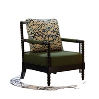 Fauteuil vintage de style français en bois de frêne massif avec accoudoirs en perles noires et assise en éponge haute densité pour salon et balcon