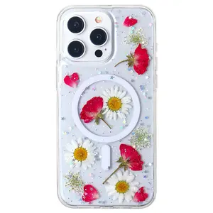 Capa de telefone magnética forte para iphone 15 14 13 12 flores secas reais transparente transparente à prova de choque
