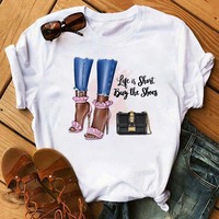 T-shirt lavable décontracté pour femmes à col en O et imprimé à talons hauts pour filles urbaines de haute qualité à la mode d'été vente en gros