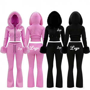 ชุดเซ็ต 2 ชิ้น เสื้อฮู้ดมีปกขนสัตว์ กางเกงขายาวทรงสเวตแพนท์ สำหรับสาวสูง ผลิตโดยผู้ผลิตเสื้อผ้าสตรี รับสั่งทำตัวอักษรประดับเพชร - Product Image 1