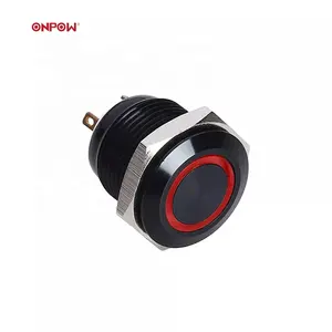 ONPOW 16mm anneau éclairé momentané interrupteur à bouton-poussoir en alliage d'aluminium noir avec IP65 (GQ16F-10E/JL/G/2.8V/A) CE, RoHS