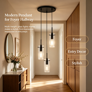 Lámpara Colgante Larga de 3 Luces con Pantalla de Cristal Transparente, Altura Ajustable, Regulable, Diseño de Cilindros Negros para <span class=keywords><strong>Cocina</strong></span> - Product Image 5