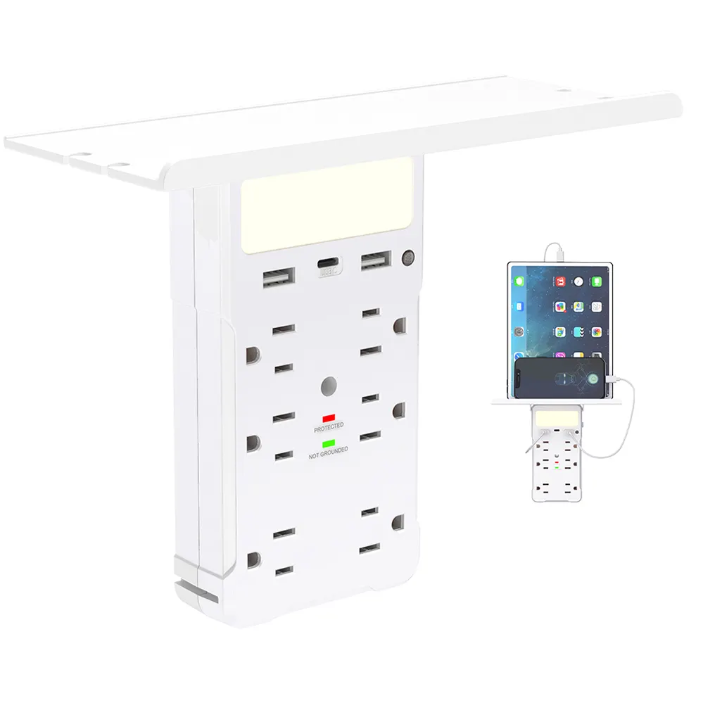 Wontravel 6 Port Surge Protector Multi Plug Type C 2 USB Power Strip Extension Wall Outlet Shelf With Night Light