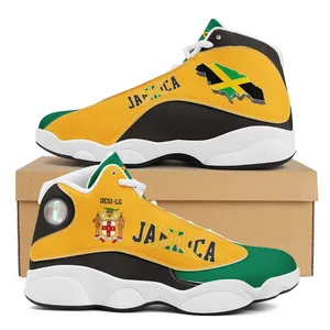 定制牙买加国旗图案篮球鞋绿色和黄色设计牙买加最新高帮定制运动鞋