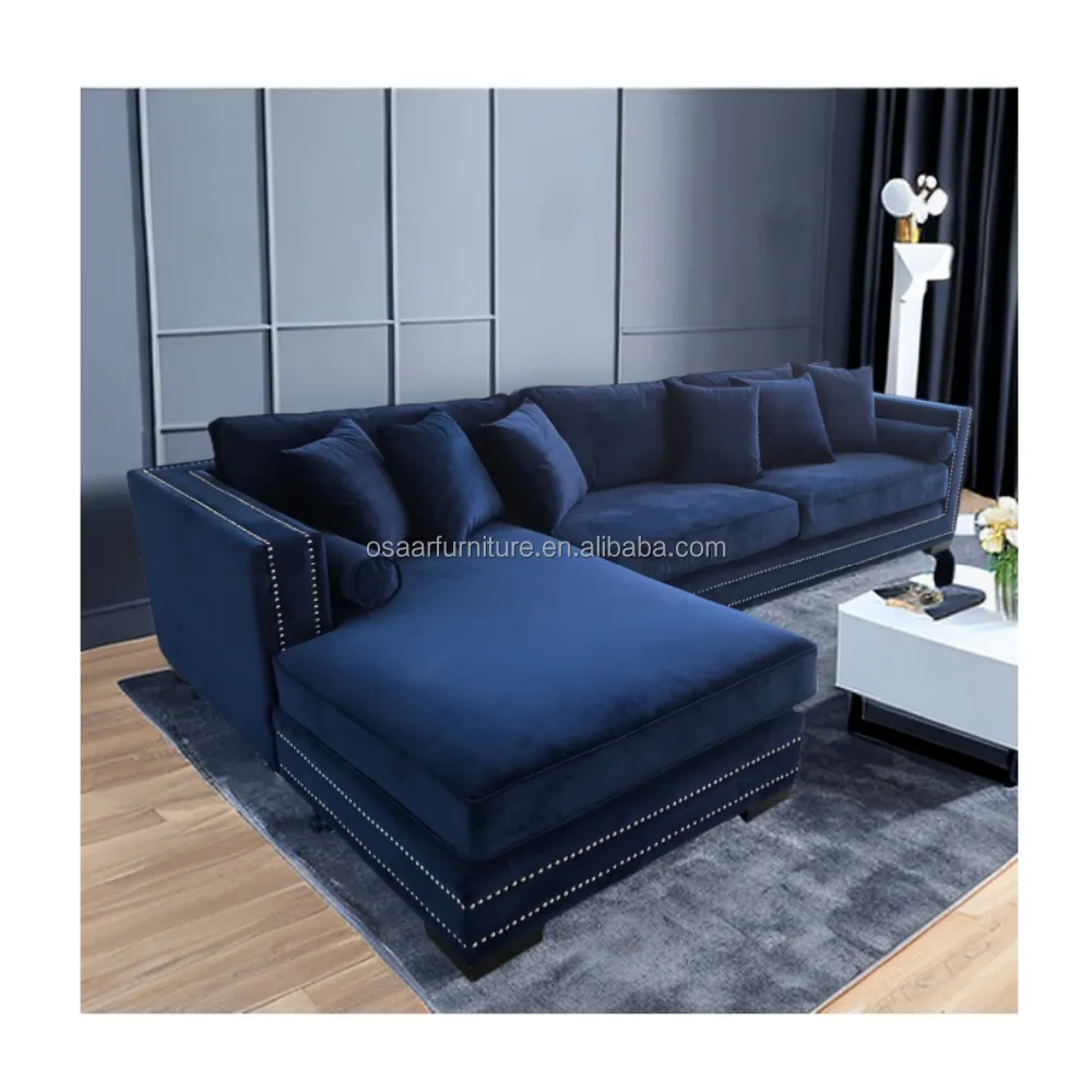 Meubles de salon design nordique canapés d'angle sectionnels modernes en forme de L en velours bleu marine