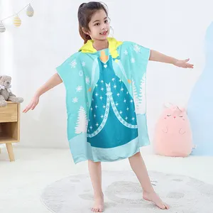 Grosir Handuk Ponco Anak-anak Bertudung Microfiber Gambar Kartun Putri Es