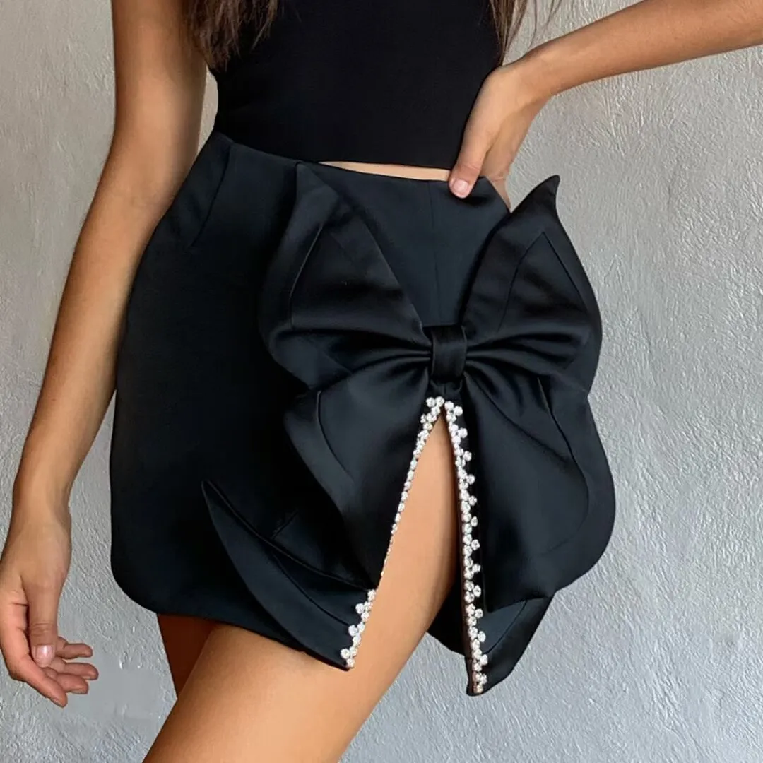 Satin Crystal Chain Embellished Bow Style Mini Skirt Women's Fashion Mini Skirt