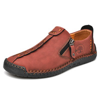 Sepatu Loafer Kulit Asli Pria dengan Resleting Samping, Model Slip-On, Motif Kotak-Kotak, Ujung Bulat, Sol Karet Ringan, Sepatu Kasual untuk Berjalan