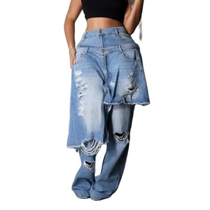 Pantalons en jean déchirés à patchwork pour femmes, style décontracté, extensibles, tendance - Product Image 2