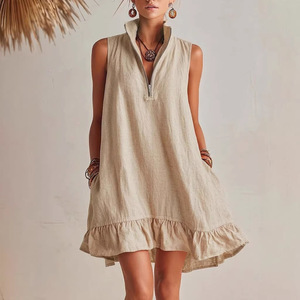 Robe midi décontractée d'été pour femme grande taille, sans manches, avec demi-zip et ourlet à volants, style ligne A, pour dropshipping Shopify - Product Image 3