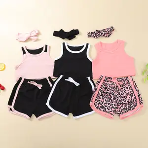 2021 Baby Girls Summer Sport Vest Suit Leopard Shorts 3pcs Sets Kids Summer Clothes