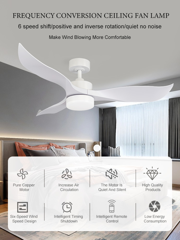 52inch led ceiling fans with light Household remote control Timing shutdown Matte white 3 blades OEM factory Air circulating fan