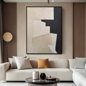Grande oeuvre d'art beige noir à texture lourde Wabi Sabi Peinture sur toile à la main abstraite 3D Décoration murale - Product Image 2