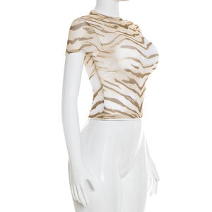 วิวิบลุค C26TP026 เสื้อยืดแขนสั้นพิมพ์ลายตาข่ายสำหรับผู้หญิง รุ่นใหม่ประจำฤดูร้อน ทรงเข้ารูป ครอปท็อป เสื้อยืดเบบี้ทีสำหรับผู้หญิง - Product Image 2