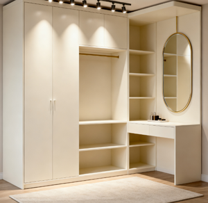 Armoire <span class=keywords><strong>de</strong></span> chambre à coucher <span class=keywords><strong>de</strong></span> grand espace <span class=keywords><strong>avec</strong></span> portes en verre étagères ouvertes et tringles à vêtements dorées Rangement spacieux Convient à la décoration <span class=keywords><strong>de</strong></span> chambre à coucher moderne - Product Image 5