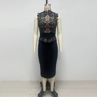 Robe Midi Élégante Noire en Dentelle Transparente à Col Montant et Sans Manches pour Soirées et Dîners, Vente en Gros OEM