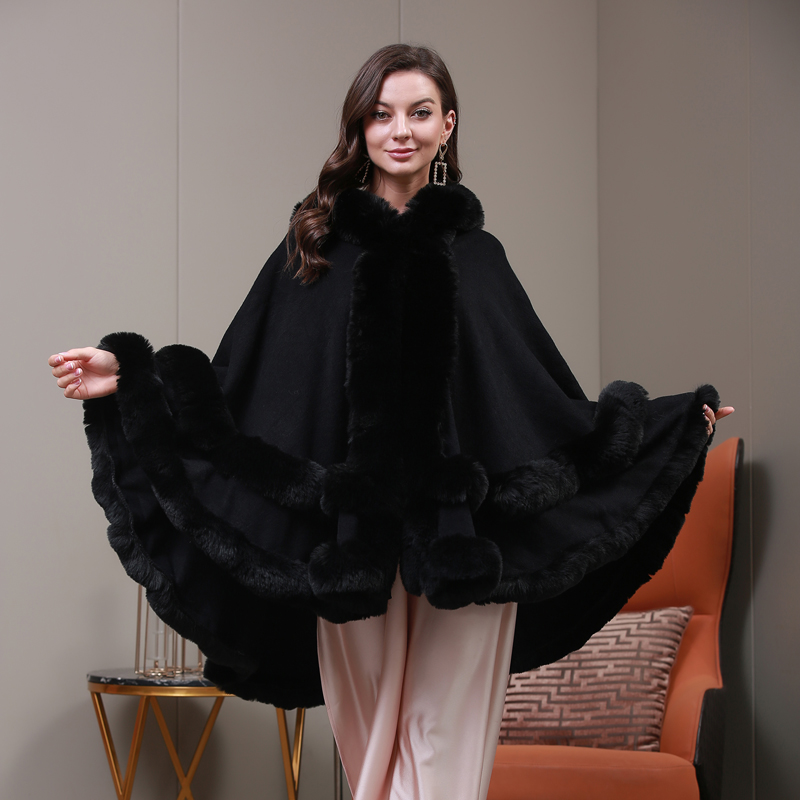 Solid Ladies Fashion Clothing Warm Winter Women Cape Coat Double Fur Collar Crochet Poncho Shawl With Faux Fur Trim
