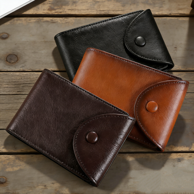 Men's Vintage Button Closure RFID Blocking Slim Trifold Genuine Leather Wallet Short 10-13 Card Slots ID Window Polyester Brown