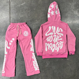 Tute con logo personalizzato OEM set unisex <span class=keywords><strong>pantaloni</strong></span> della tuta in jogger impilati <span class=keywords><strong>pantaloni</strong></span> della tuta con stampa a sbuffo in schiuma 3d <span class=keywords><strong>pantaloni</strong></span> della tuta svasati e set di felpe con cappuccio - Product Image 5