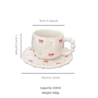 Tasse à café et soucoupe en céramique blanche coréenne avec bordure perlée en relief, points perlés, mug à franges perlées, tasses et assiettes