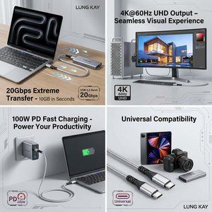 Cable USB 3.2 Gen2 Tipo C a Tipo C de Alta Gama LUNG KAY, Transferencia de Datos de 20 Gbps y Carga Rápida PD de 100 W, Chip E-Marker Integrado - Product Image 4