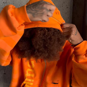 Vintage Distressed Hip Hop Orange Baggy Drop Shoulder Full Zip up Terry 100% Cotton Side <span class=keywords><strong>Kangaroo</strong></span> Pocket Oversized Hoodie Men - Product Image 4
