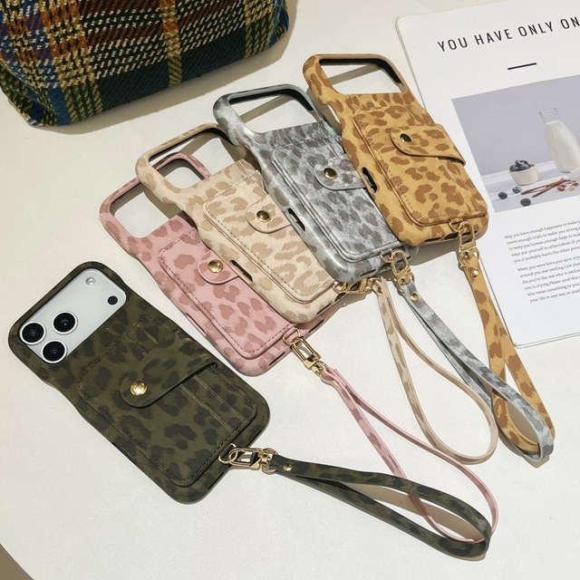 Leopard Print Button Inlaid Magnetic Phone Case With Lanyard Anti-drop Wear-resistant Protective Cover for iPhone 13-17 Pro Max
