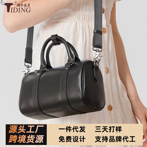 Bolso de Mano de Cuero Genuino Estilo Boston, Color Negro, Cierre de Cremallera Cilíndrico, Bolso Tote para Mujer, para Todas las Temporadas - Product Image 5