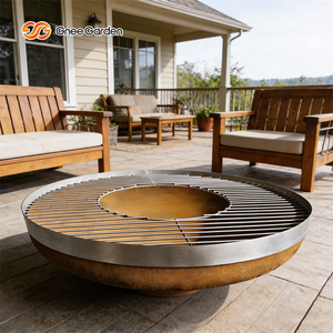 Table de foyer extérieure moderne en acier Corten de haute qualité, écologique, avec grille en acier Corten et plateau en bambou, pour barbecue décoratif - Product Image 2