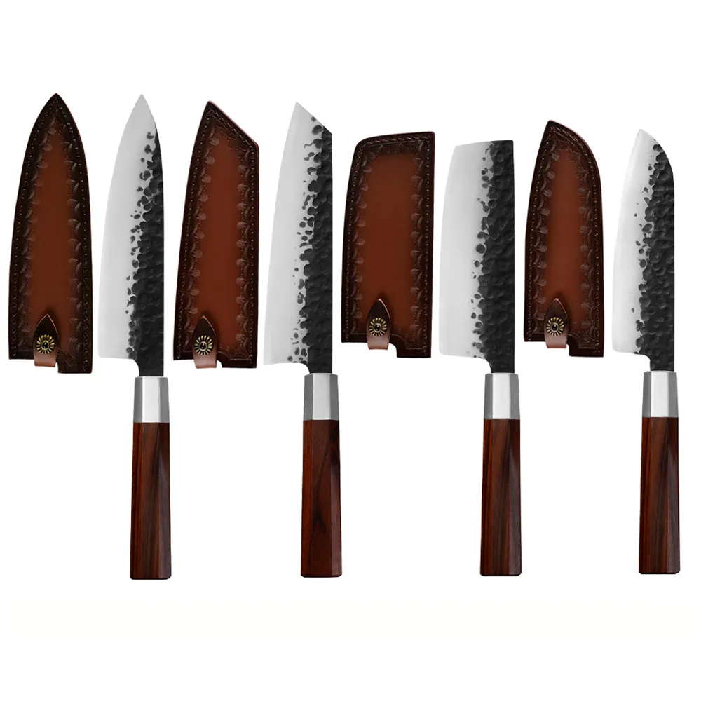Ahşap saplı paslanmaz çelik çekiç bitmiş yapışmaz bıçak deri kılıf 4 adet japon el yapımı mutfak şef bıçak seti