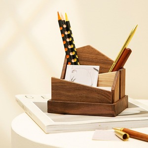 Wooden <b>Pen</b> Holder Black Walnut Triangle Shape Desktop Stationery Storage <b>Box</b> Multi Purpose Business Card Organizer - Product Image 2