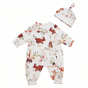 Bebek Uzun Kollu Yan Düğmeli Tulum ve Şapka 2 Parça Set Sika Geyiği Desenli Bebek Bodysi Yan Açılır Düğmeli Bebek Tulumu - Product Image 6