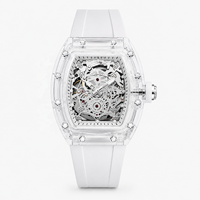 Montre mécanique automatique pour hommes, boîtier en alliage transparent en forme de baril, 44mm, pointeur lumineux, bracelet en Silicone ajouré, étanche à 30M
