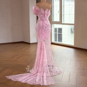 Robe de bal rose RSM261025, col cœur, appliques, en mousseline, longueur cheville, soutien-gorge intégré, fermeture éclair au dos, coupe naturelle - Product Image 3