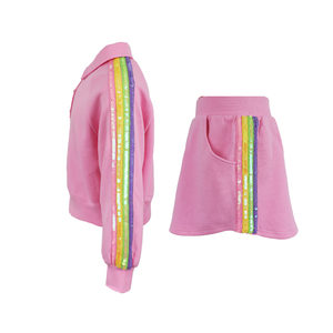 Completo 2 Pezzi per Bambina con Paillettes Arcobaleno e Strisce, Rosa, per Felpa e Gonna a Ruota, 100% Cotone, Abbigliamento Boutique Primavera Estate - Product Image 4