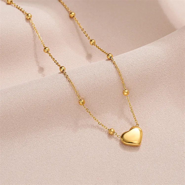 Wholesale 316l Stainless Steel Simple Korean Round Bead Chain Love Pendant Designer Necklace For Women