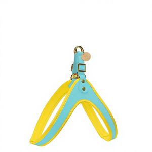 Harnais pour chien fait main de haute qualité avec cuir véritable et boucle à dégagement facile - Bleu clair et jaune - Product Image 1