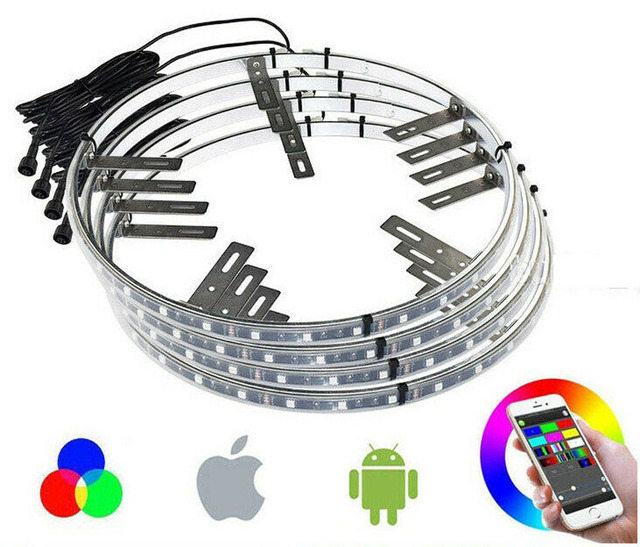 RGB Multiple Color LED Wheel Rim Ring Light 4 Waterproof 4Rings Blue-tooth Connectivity New Condition