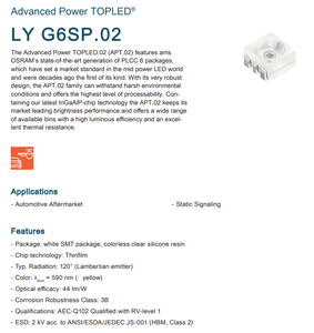 LED Automotriz OSRAM Advanced Power TOPLED LY G6SP.02 590nm Amarillo 28lm 0.32W 120 Grados PLCC6 SMD - Product Image 2