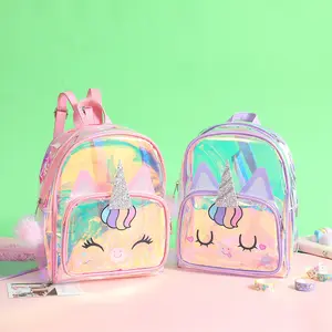투명 작은 방수 가방 학교 가방 만화 소녀 어린이 학교 가방 어린이를위한 귀여운 유니콘 아이 배낭