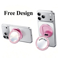 Support de téléphone magnétique pliable double face en alliage d'aluminium avec logo personnalisé, effet macaron, paillettes et miroir intégré