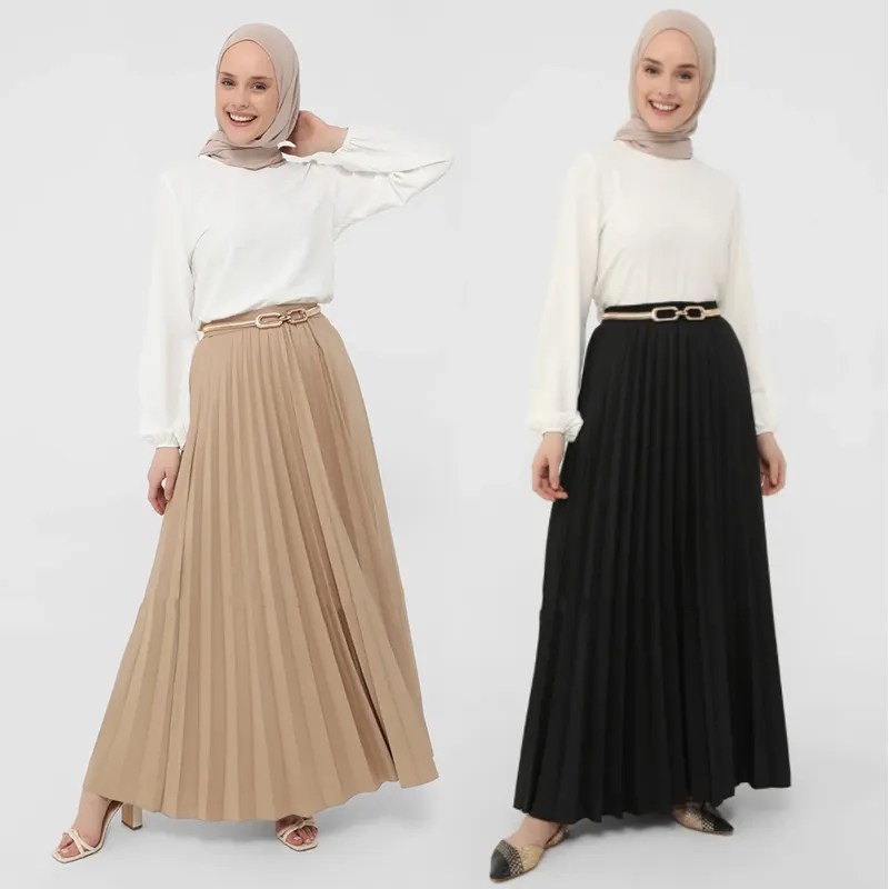 Rok Maksi Panjang Pinggang Elastis A-line, Rok Lipit Muslim Kasual Midi Panjang Setengah Panjang, Model A-line Polos, Rok Maxi Panjang Elastis, untuk Wanita