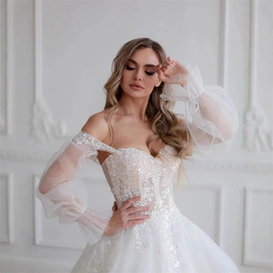 Off Shoulder <b>Bridal</b> Gown With Train Sweetheart Neckline Ball Gown Wedding Dress White Vintage Style Elegant Fit - Product Image 2