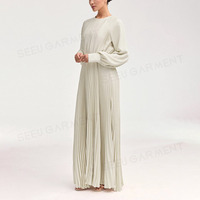 Abaya musulmane plissée ivoire au design minimaliste et moderne, robe longue modeste à manches évasées avec ceinture pour femme, couleur personnalisable