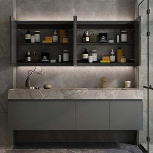 Meuble de salle de bain moderne minimaliste laqué mat, vasque en bois avec lavabo et miroir - Product Image 5