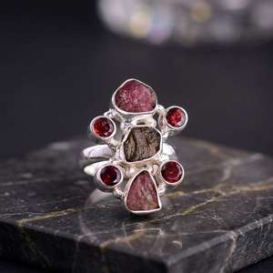Antique <b>Garnet</b> Tourmaline Multi Gemstone Bezel Setting 925 Sterling <b>Silver</b> <b>Ring</b> Handmade Statement Jewelry ODM OEM Supplier - Product Image 3
