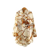 Damen Sommer Mittellanges lässiges Langarm-Revers hemd Chiffon-Sonnenschutz mit Kettens chloss und bedrucktem Design