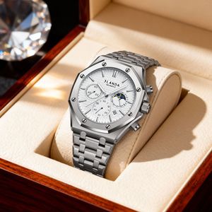 Reloj de Cuarzo para Hombre Jlanda, Correa de Acero Inoxidable Octogonal, Esfera Azul, Cronógrafo, Fase Lunar, Fecha, Resistente al Agua, Estilo Ejecutivo - Product Image 4
